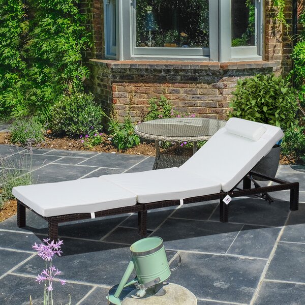 Outsunny Garden Outdoor Rattan Furniture Patio Sun Lounger Recliner Reclining Chair Bed Fire Resistant Sponge, Cream White Aosom UK