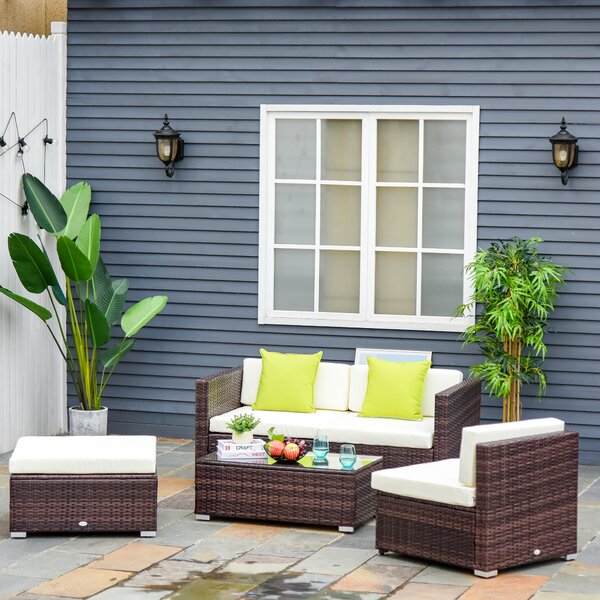 Outsunny Waterproof 4-Seater Garden Rattan Sofa Set Sectional Sofa Coffee Table Combo Patio Furniture Metal Frame Aosom UK