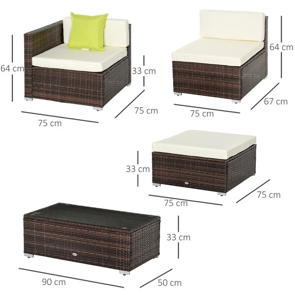Outsunny Waterproof 4-Seater Garden Rattan Sofa Set Sectional Sofa Coffee Table Combo Patio Furniture Metal Frame Aosom UK
