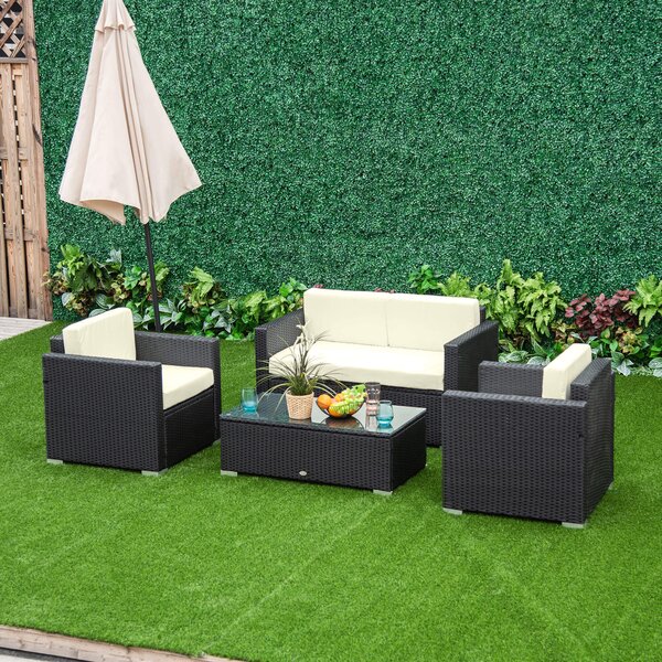 Outsunny 4-Seater Rattan Sofa Set Garden Rattan Furniture Wicker Steel Chair Seat Furniture Patio Rattan Garden Sofa Black Aosom UK