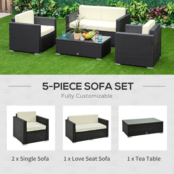 Outsunny 4-Seater Rattan Sofa Set Garden Rattan Furniture Wicker Steel Chair Seat Furniture Patio Rattan Garden Sofa Black Aosom UK