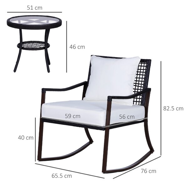 Outsunny 2 Seater Rattan Bistro Set 2 Rocking Armchair with Pillow Cushion & Tempered Glass Round Coffee Table Wicker Weave Furniture, Brown