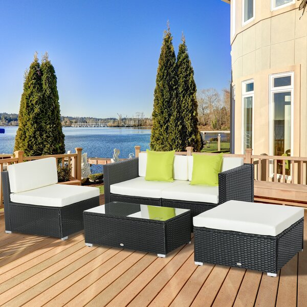 Outsunny 4-Seater Garden Rattan Furniture Outdoor Sectional Rattan Sofa Set Coffee Table Patio Furniture Metal Frame w/ Cushion Pillows Aosom UK