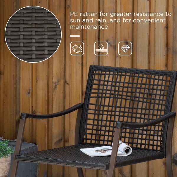 Outsunny 2 Seater Rattan Bistro Set 2 Rocking Armchair with Pillow Cushion & Tempered Glass Round Coffee Table Wicker Weave Furniture, Brown