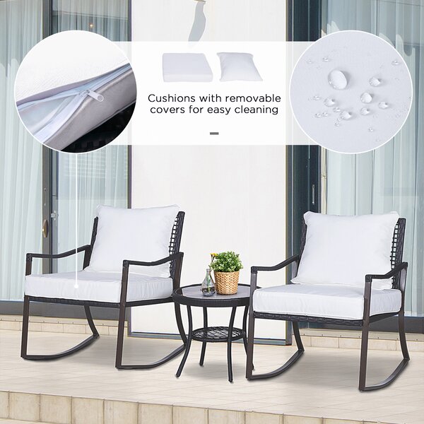 Outsunny 2 Seater Rattan Bistro Set 2 Rocking Armchair with Pillow Cushion & Tempered Glass Round Coffee Table Wicker Weave Furniture, Brown
