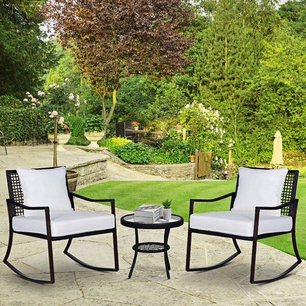 Outsunny 2 Seater Rattan Bistro Set 2 Rocking Armchair with Pillow Cushion & Tempered Glass Round Coffee Table Wicker Weave Furniture, Brown