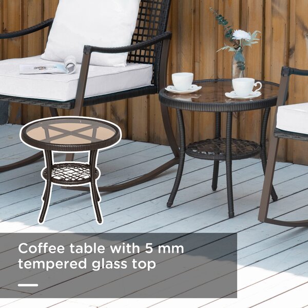 Outsunny 2 Seater Rattan Bistro Set 2 Rocking Armchair with Pillow Cushion & Tempered Glass Round Coffee Table Wicker Weave Furniture, Brown