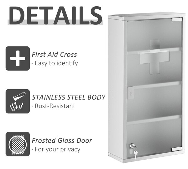 HOMCOM Wall-Mounted Medicine Cabinet: 4 Tier Lockable Glass Door, Stainless Steel Shelving Unit, 60Hx30Wx12D(cm) Aosom UK
