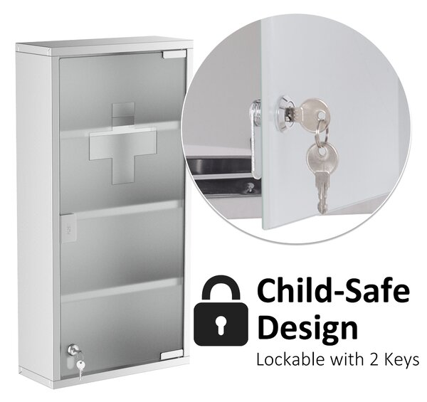 HOMCOM Wall-Mounted Medicine Cabinet: 4 Tier Lockable Glass Door, Stainless Steel Shelving Unit, 60Hx30Wx12D(cm) Aosom UK