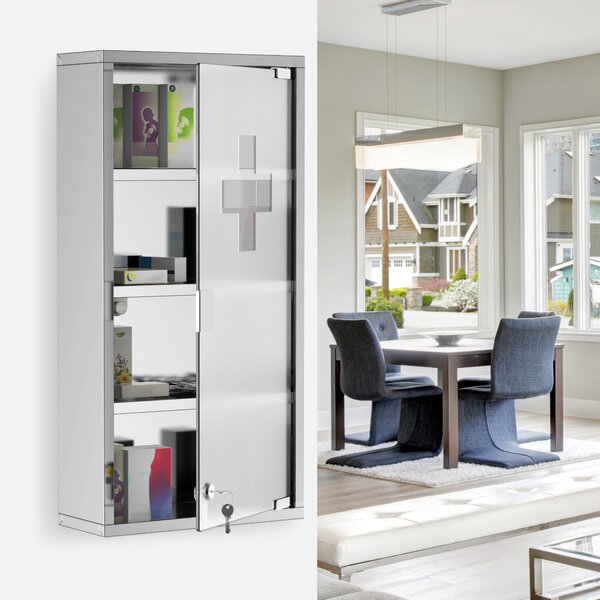 HOMCOM Wall-Mounted Medicine Cabinet: 4 Tier Lockable Glass Door, Stainless Steel Shelving Unit, 60Hx30Wx12D(cm) Aosom UK