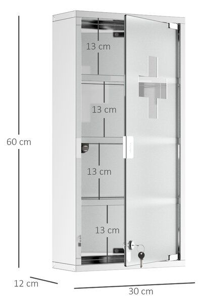 HOMCOM Wall-Mounted Medicine Cabinet: 4 Tier Lockable Glass Door, Stainless Steel Shelving Unit, 60Hx30Wx12D(cm) Aosom UK