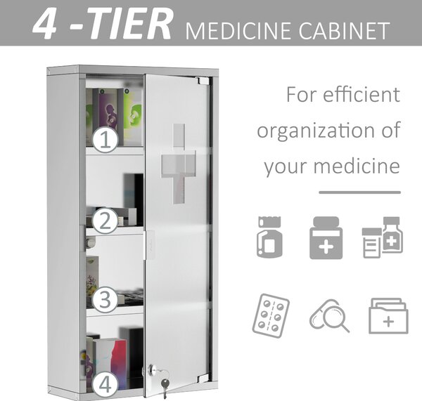 HOMCOM Wall-Mounted Medicine Cabinet: 4 Tier Lockable Glass Door, Stainless Steel Shelving Unit, 60Hx30Wx12D(cm) Aosom UK