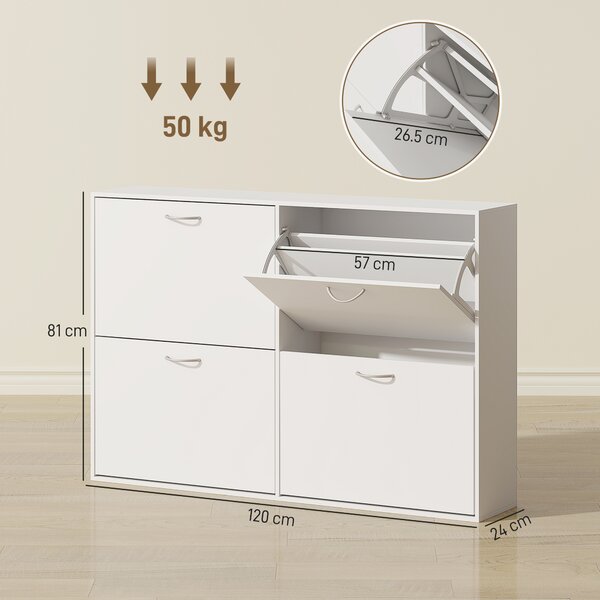 HOMCOM Shoe Cabinet, 120Lx24Wx81H cm, Particle Board-White Aosom UK