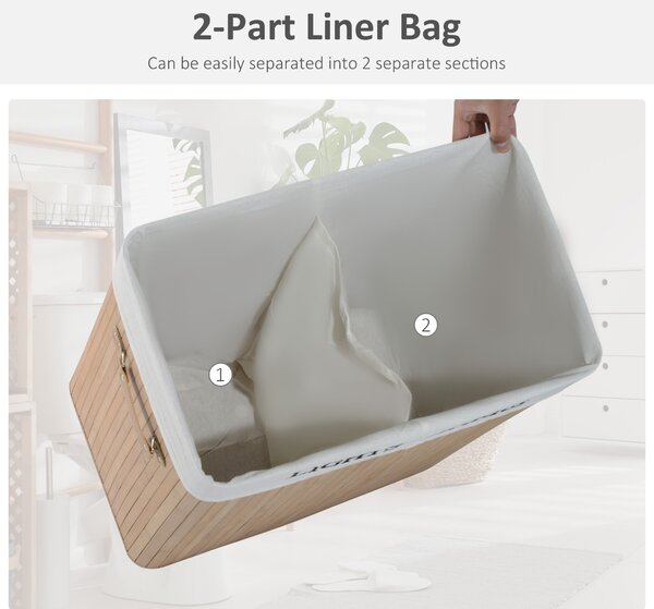 HOMCOM 100L Collapsible Natural Wood Laundry Hamper Organizer Clothes Washing Basket Bin w/ Lid Removable Lining 52x32x63cm, Wood Color Aosom UK
