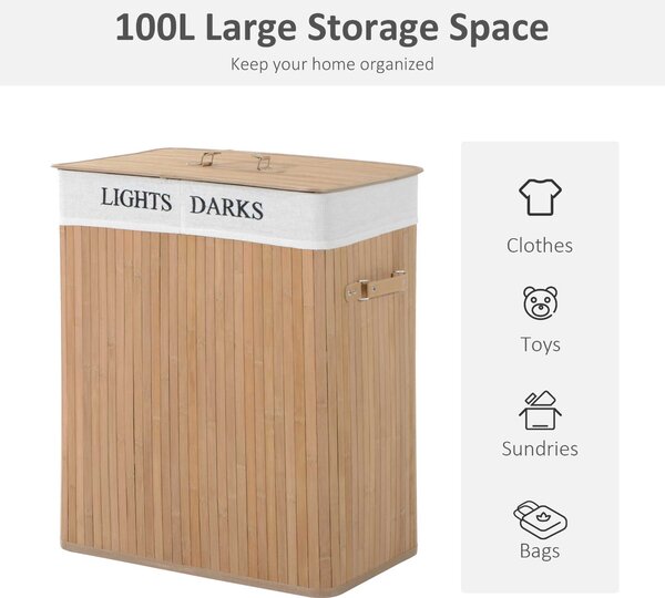 HOMCOM 100L Collapsible Natural Wood Laundry Hamper Organizer Clothes Washing Basket Bin w/ Lid Removable Lining 52x32x63cm, Wood Color Aosom UK
