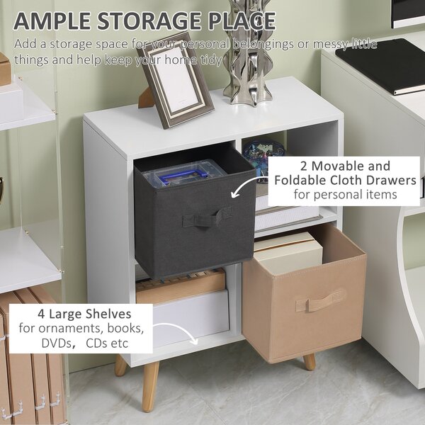 HOMCOM Freestanding 4 Cube Storage Cabinet Unit w/ 2 Fabric Drawers Handles Home Office Organisation Shelves Furniture 54.5L x 24W x 69.5H cm