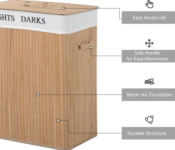 HOMCOM 100L Collapsible Natural Wood Laundry Hamper Organizer Clothes Washing Basket Bin w/ Lid Removable Lining 52x32x63cm, Wood Color Aosom UK