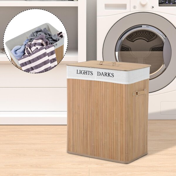 HOMCOM 100L Collapsible Natural Wood Laundry Hamper Organizer Clothes Washing Basket Bin w/ Lid Removable Lining 52x32x63cm, Wood Color Aosom UK