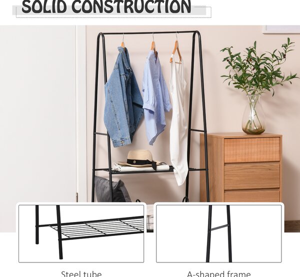 HOMCOM Metal Clothes Rack Coat Garment Hanger Hallway Organiser Hanging Rail Stand 2-tier Shoe Shelving A Shaped 77L x 45W x 153H cm Black Aosom UK