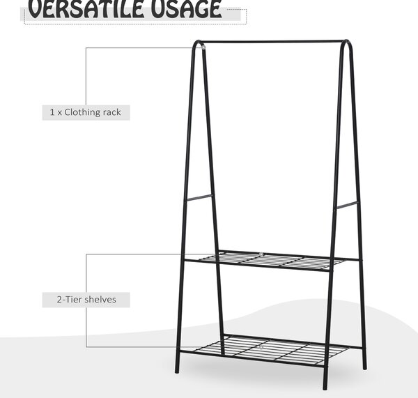 HOMCOM Metal Clothes Rack Coat Garment Hanger Hallway Organiser Hanging Rail Stand 2-tier Shoe Shelving A Shaped 77L x 45W x 153H cm Black Aosom UK