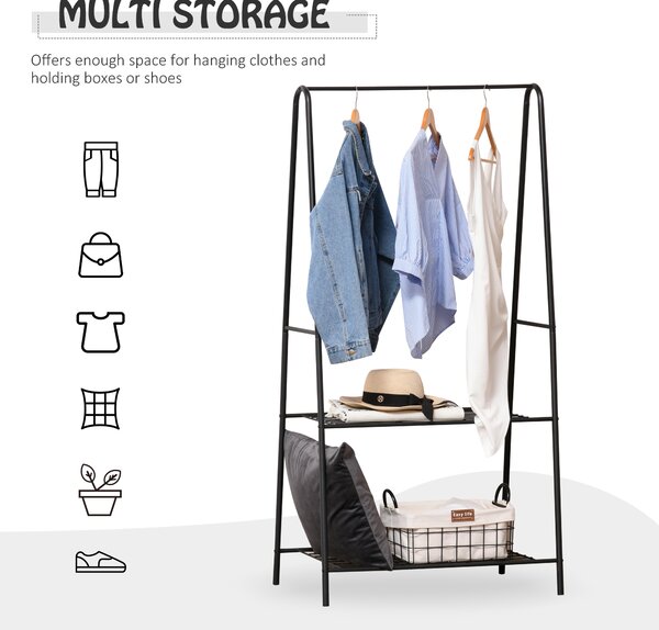 HOMCOM Metal Clothes Rack Coat Garment Hanger Hallway Organiser Hanging Rail Stand 2-tier Shoe Shelving A Shaped 77L x 45W x 153H cm Black Aosom UK
