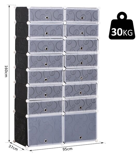 HOMCOM DIY 16-Cube Shoe Rack, Large Portable Interlocking Plastic Cabinet, 8 Tier Footwear Organiser for 32 Pairs, Bedroom