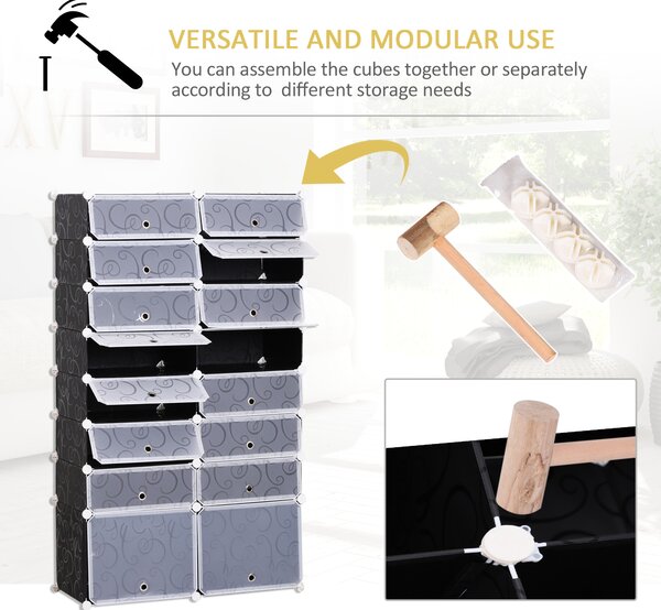 HOMCOM DIY 16-Cube Shoe Rack, Large Portable Interlocking Plastic Cabinet, 8 Tier Footwear Organiser for 32 Pairs, Bedroom