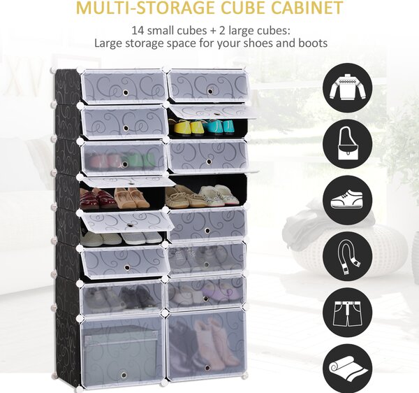 HOMCOM DIY 16-Cube Shoe Rack, Large Portable Interlocking Plastic Cabinet, 8 Tier Footwear Organiser for 32 Pairs, Bedroom
