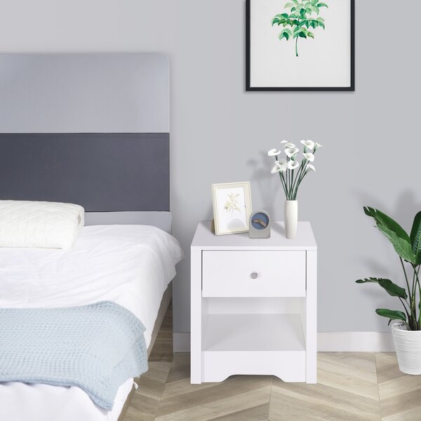 HOMCOM Solid Wood Bedside Cabinet with Drawer and Shelf, Nightstand Chest for Bedroom Furniture, White Aosom UK