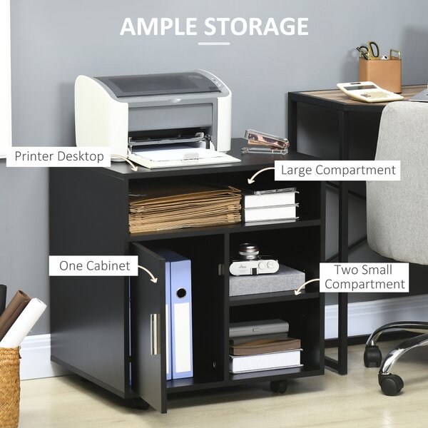 HOMCOM Mobile Printer Stand with Multiple Storage, Office Desk Side Unit on Wheels, Modern Design, 60L x 50W x 65.5H cm, Black Aosom UK