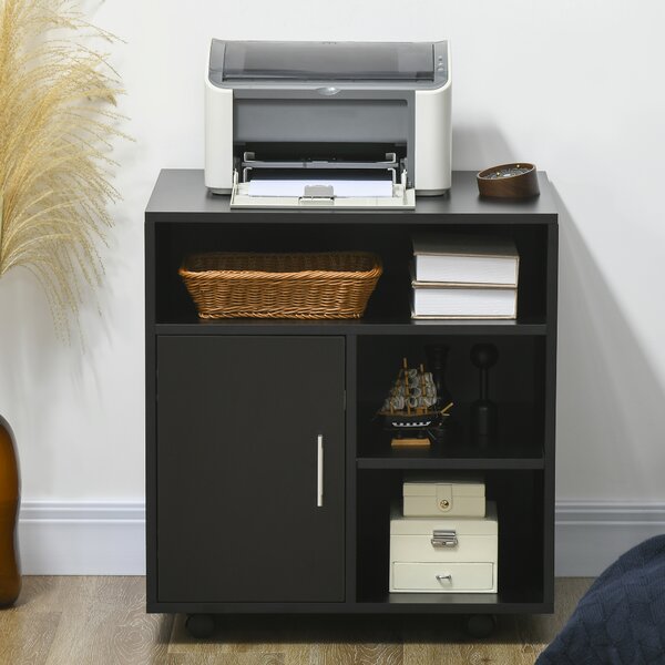 HOMCOM Mobile Printer Stand with Multiple Storage, Office Desk Side Unit on Wheels, Modern Design, 60L x 50W x 65.5H cm, Black Aosom UK
