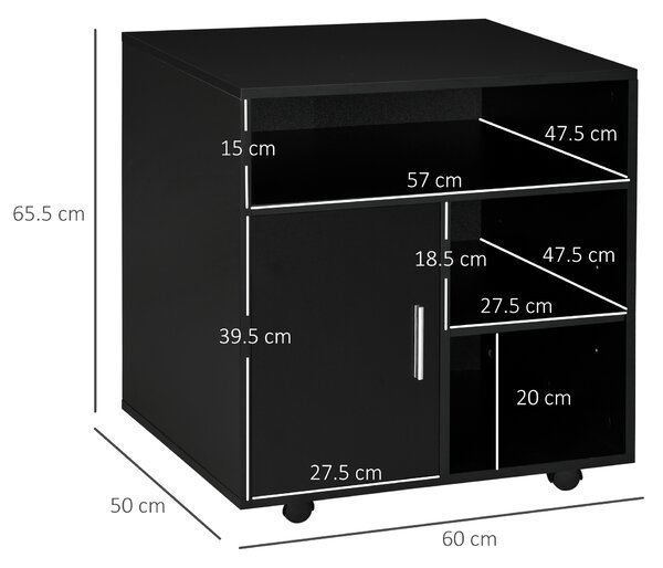 HOMCOM Mobile Printer Stand with Multiple Storage, Office Desk Side Unit on Wheels, Modern Design, 60L x 50W x 65.5H cm, Black Aosom UK