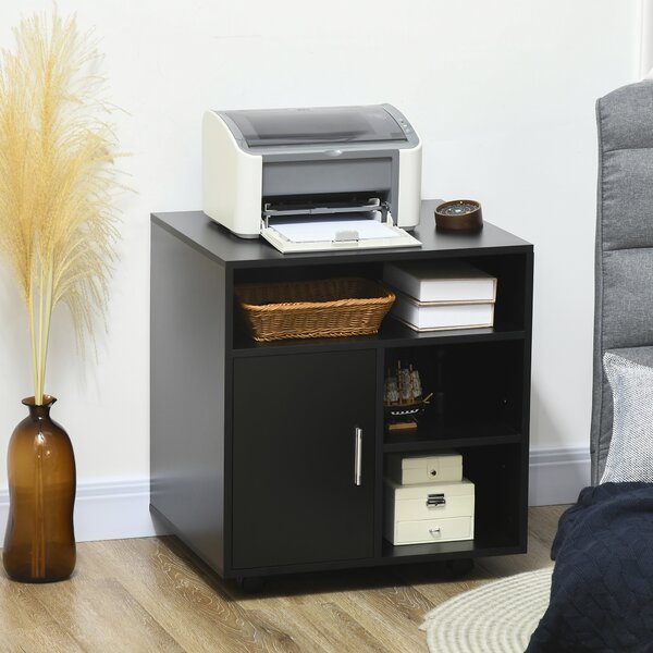 HOMCOM Mobile Printer Stand with Multiple Storage, Office Desk Side Unit on Wheels, Modern Design, 60L x 50W x 65.5H cm, Black Aosom UK