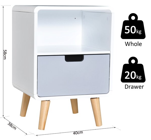 HOMCOM Bedside Cabinet in Scandinavian Design, Storage Nightstand with Drawer, White/Grey/Natural, 40Lx38Wx58H cm Aosom UK