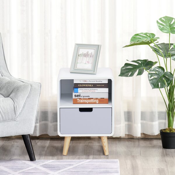 HOMCOM Bedside Cabinet in Scandinavian Design, Storage Nightstand with Drawer, White/Grey/Natural, 40Lx38Wx58H cm Aosom UK