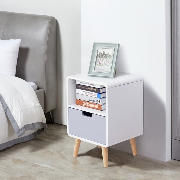 HOMCOM Bedside Cabinet in Scandinavian Design, Storage Nightstand with Drawer, White/Grey/Natural, 40Lx38Wx58H cm Aosom UK