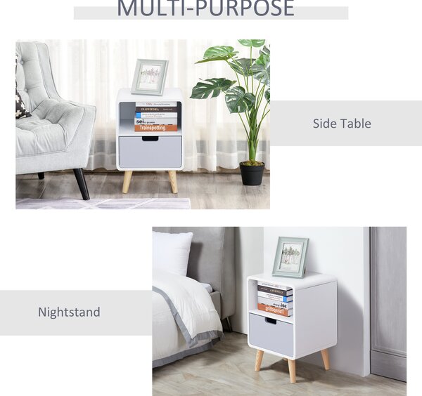 HOMCOM Bedside Cabinet in Scandinavian Design, Storage Nightstand with Drawer, White/Grey/Natural, 40Lx38Wx58H cm Aosom UK