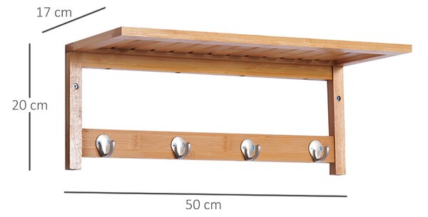 HOMCOM Wall-Mounted Coat Rack: 4 Hooks, Rail & Shelf for Hallway, Bedroom & Bathroom Storage Aosom UK
