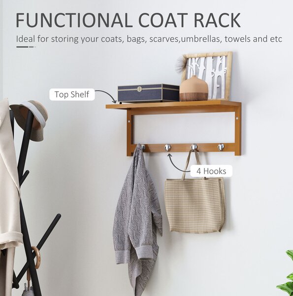 HOMCOM Wall-Mounted Coat Rack: 4 Hooks, Rail & Shelf for Hallway, Bedroom & Bathroom Storage Aosom UK