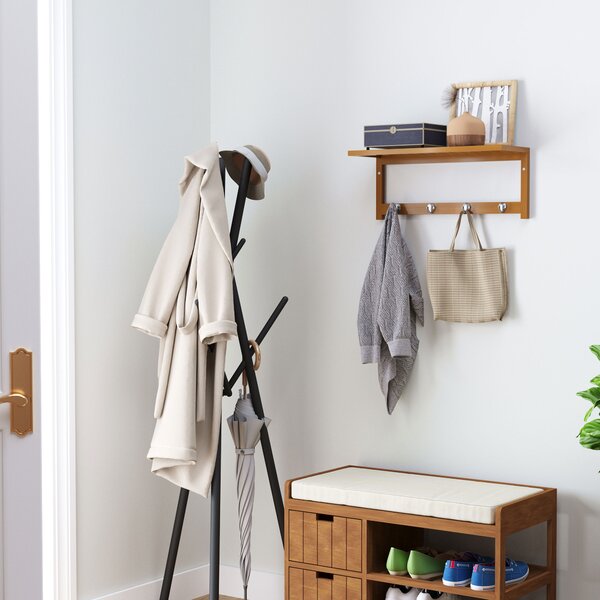 HOMCOM Wall-Mounted Coat Rack: 4 Hooks, Rail & Shelf for Hallway, Bedroom & Bathroom Storage Aosom UK