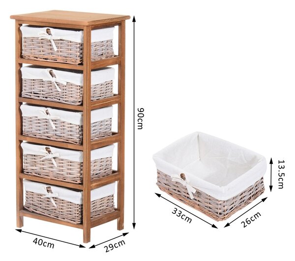 HOMCOM Wicker Basket Dresser, 5 Drawer Storage Shelf Unit with Wooden Frame for Home Organisation, Natural Finish Aosom UK