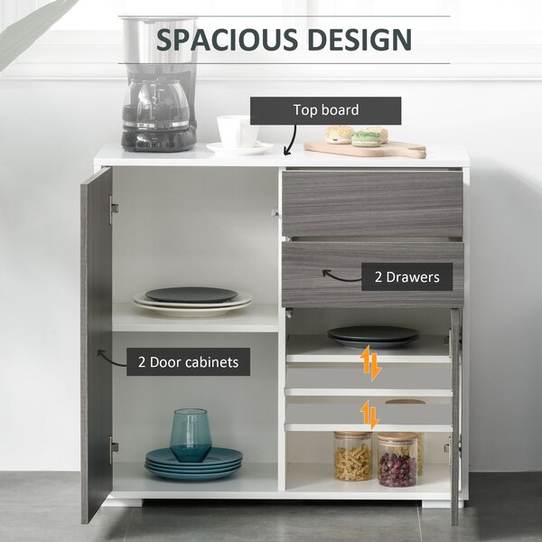 HOMCOM Modern Sideboard, Contemporary Design, Push-Open, Living room sideboard with 2 Drawers & 2 Doors, Light Grey and White Aosom UK