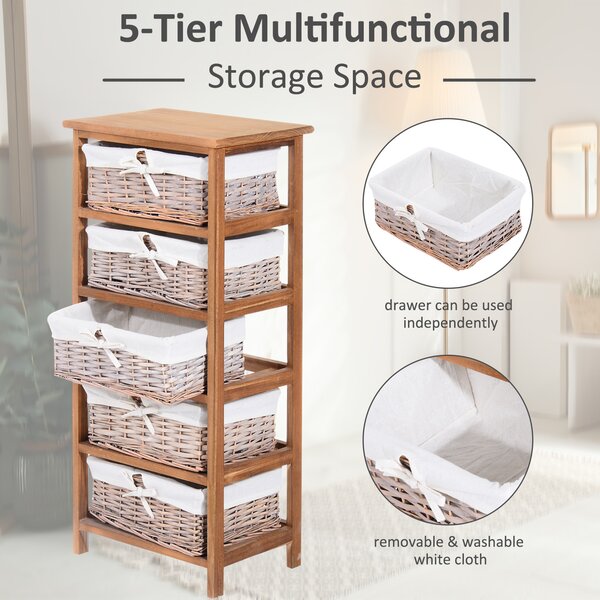 HOMCOM Wicker Basket Dresser, 5 Drawer Storage Shelf Unit with Wooden Frame for Home Organisation, Natural Finish Aosom UK