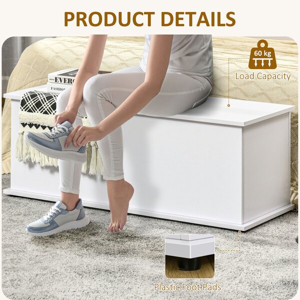 HOMCOM Ottoman Storage Box, Wooden Chest for Toys, Clothes, Bedding, Blanket Trunk with Lid, Seat Bench - White Aosom UK