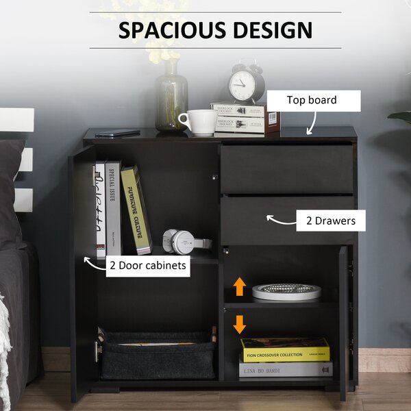 HOMCOM High Gloss Sideboard, Side Cabinet, Push-Open Design with 2 Drawer for Living Room, Bedroom, Black Aosom UK