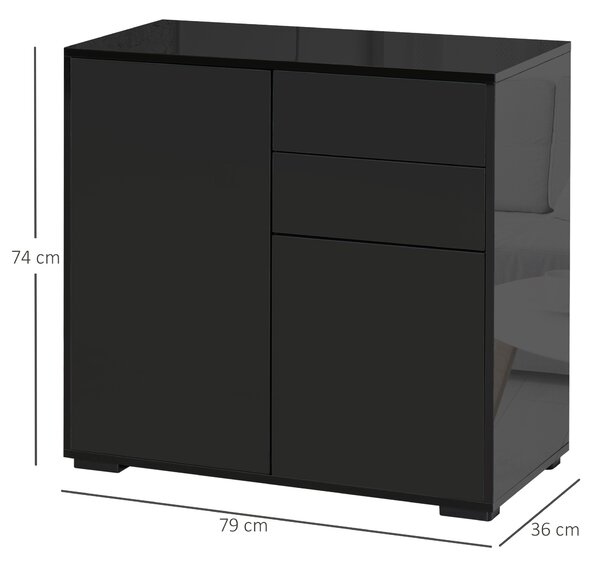 HOMCOM High Gloss Sideboard, Side Cabinet, Push-Open Design with 2 Drawer for Living Room, Bedroom, Black Aosom UK