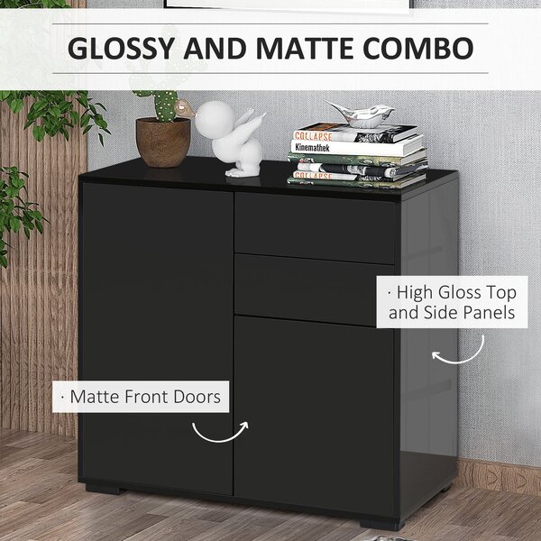 HOMCOM High Gloss Sideboard, Side Cabinet, Push-Open Design with 2 Drawer for Living Room, Bedroom, Black Aosom UK