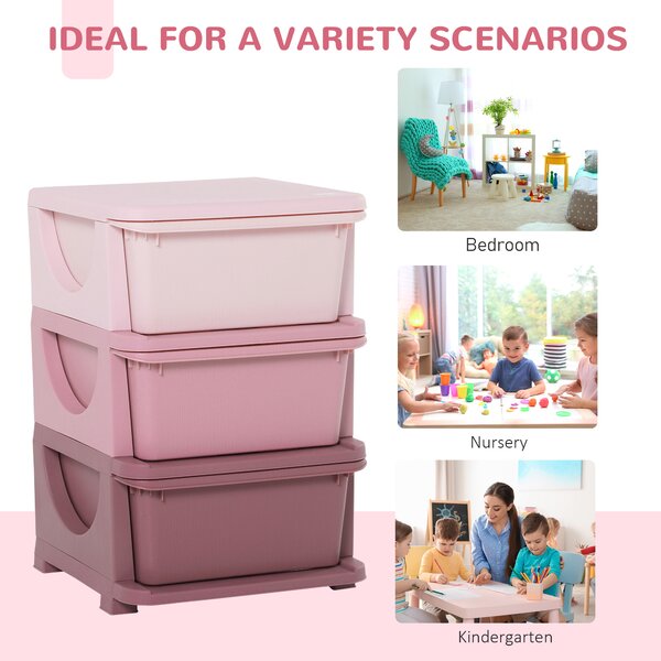 HOMCOM 3-Tier Toy Storage Box Kids Toy Storage with Removable Boxes, for Bedrooms, Playrooms & Other Children Areas, Pink Aosom UK