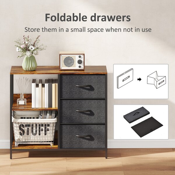 HOMCOM Storage Dresser: 3 Fabric Drawers & 2 Display Shelves in Black for Living Room & Bedroom Aosom UK