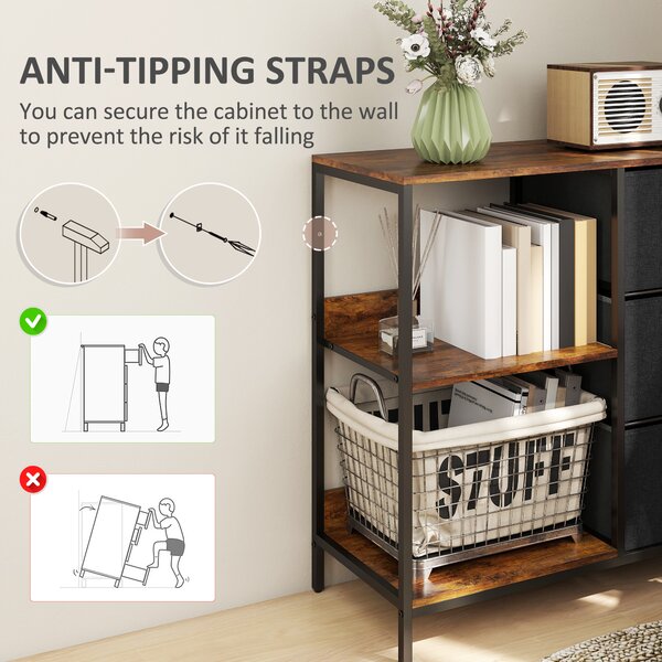 HOMCOM Storage Dresser: 3 Fabric Drawers & 2 Display Shelves in Black for Living Room & Bedroom Aosom UK